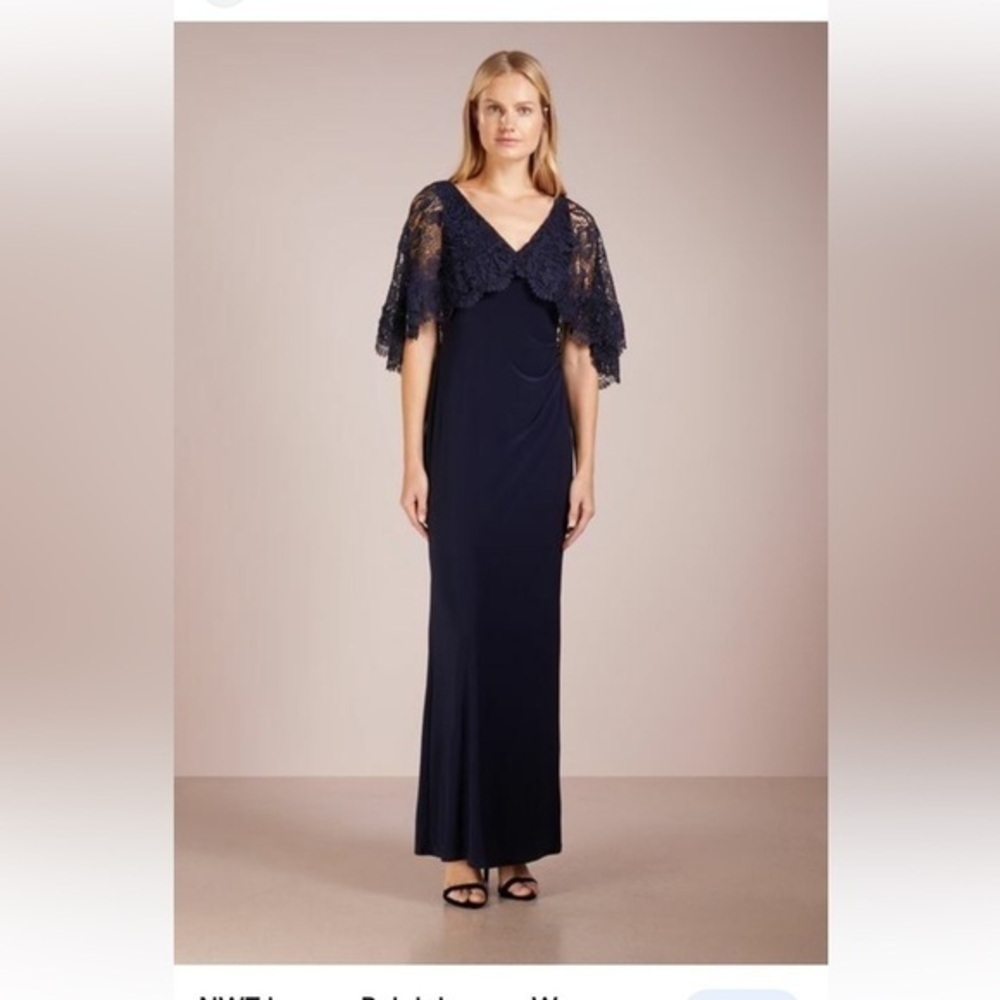 Lauren Ralph Lauren Womens Gisela Navy Crochet Formal Dress Gown Size 4